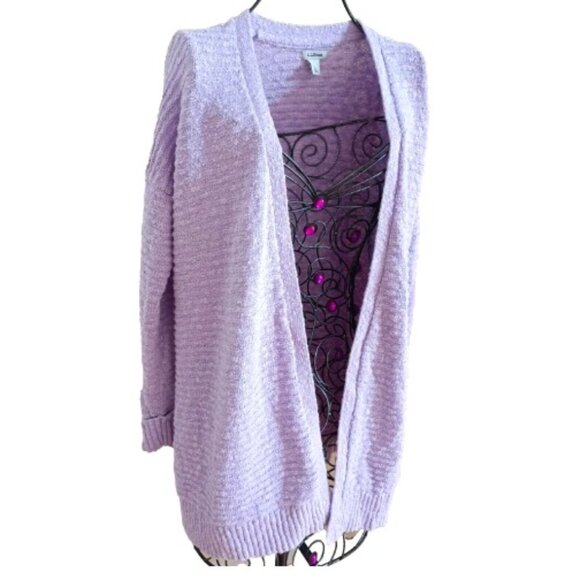L.L. Bean Cotton Open Front Cuffed Sleeve Knit Cardigan Sweater Lyric Purple L - Picture 1 of 14